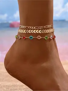 Three-Layer Anklet, High-End Rainbow Design, Gemstone & Wheat Ears Layering Detail, French Chic Fashion Accessory, Versatile Jewelry Piece