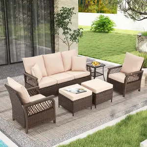 EROMMY Patio Furniture Swivel Chair Set - 6 Piece Outdoor Rattan Set with Sofa Air Chair Footstool & Side Table for Garden Backyard Porch Brown Khaki Beige Grey
