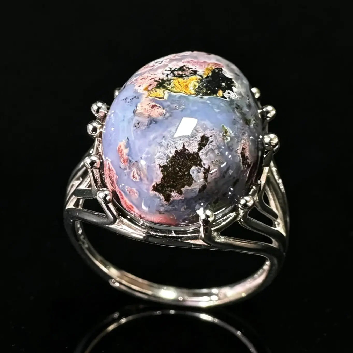 Natural Ocean Jasper 925 Silver Adjustable Ring | Artistic Statement