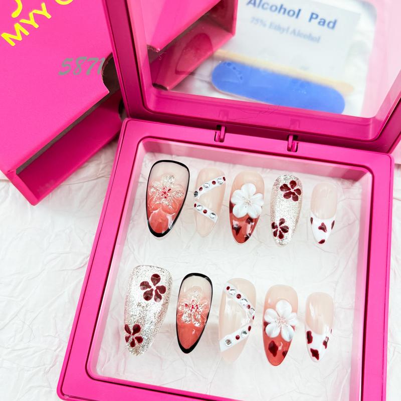 Lilith:CZ1-Pink medium-length 3D flower nails