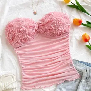 Women's Plain Ruched 3D Rose Bandeau Crop Top Pink Sleeveless