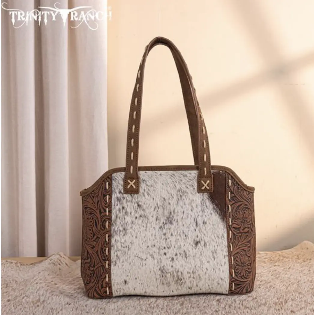 TRINITY RANCH COWHIDE TOOLED TOTE BAG