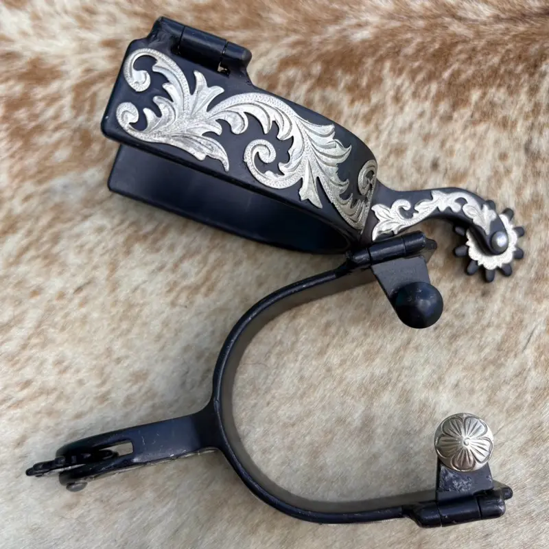 Pair Adult Size Black Steel Western Spurs Engraved Silver Scrollwork