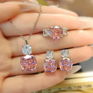 Luxurious, fashionable and versatile pink diamond necklace, purple pendant, high-carbon diamond stud earrings, ice flower-cut ring, colored gemstone set for women