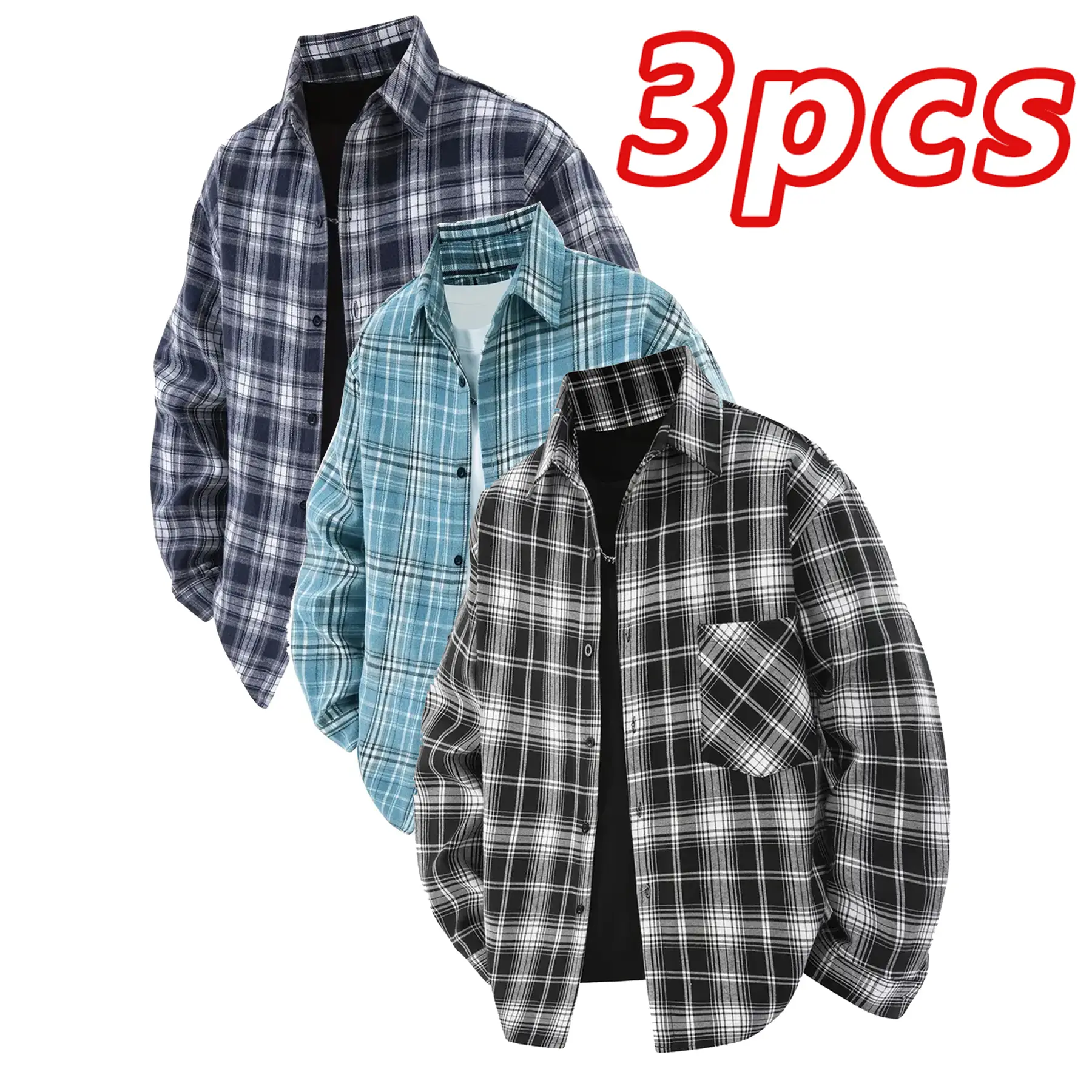 3-piece men's long sleeved checkered shirt suitable for all seasons, layered and versatile for both men and women Casual Plaid