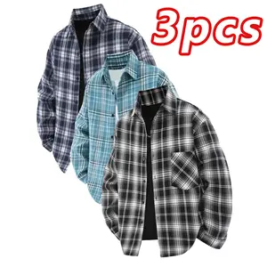 3-piece men's long sleeved checkered shirt suitable for all seasons, layered and versatile for both men and women
