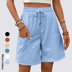 Women's Bermuda Long Shorts Summer 8'' High Waisted Casual Sports Short Elastic Drawstring Pull On Short with Pocket