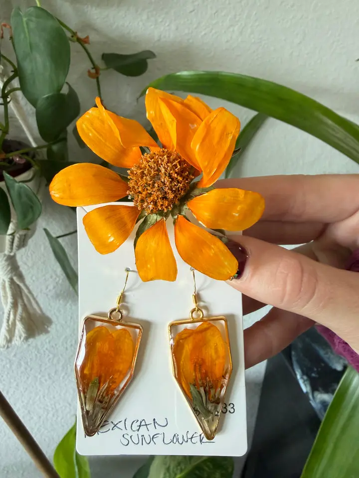 Female Gold Mexican Sunflower Banner Dangle Earrings, Botanical Statement Piece with Hand-Set Details & Hook Backs