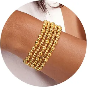 Gold Bracelets for Women Beaded Bracelet 18K Gold Plated Stretch Bracelet Stack Stackable Bead Ball Bracelet Set Non Tarnish Dainty Pearl Adjustable Trendy Gift Gold Jewelry for Women