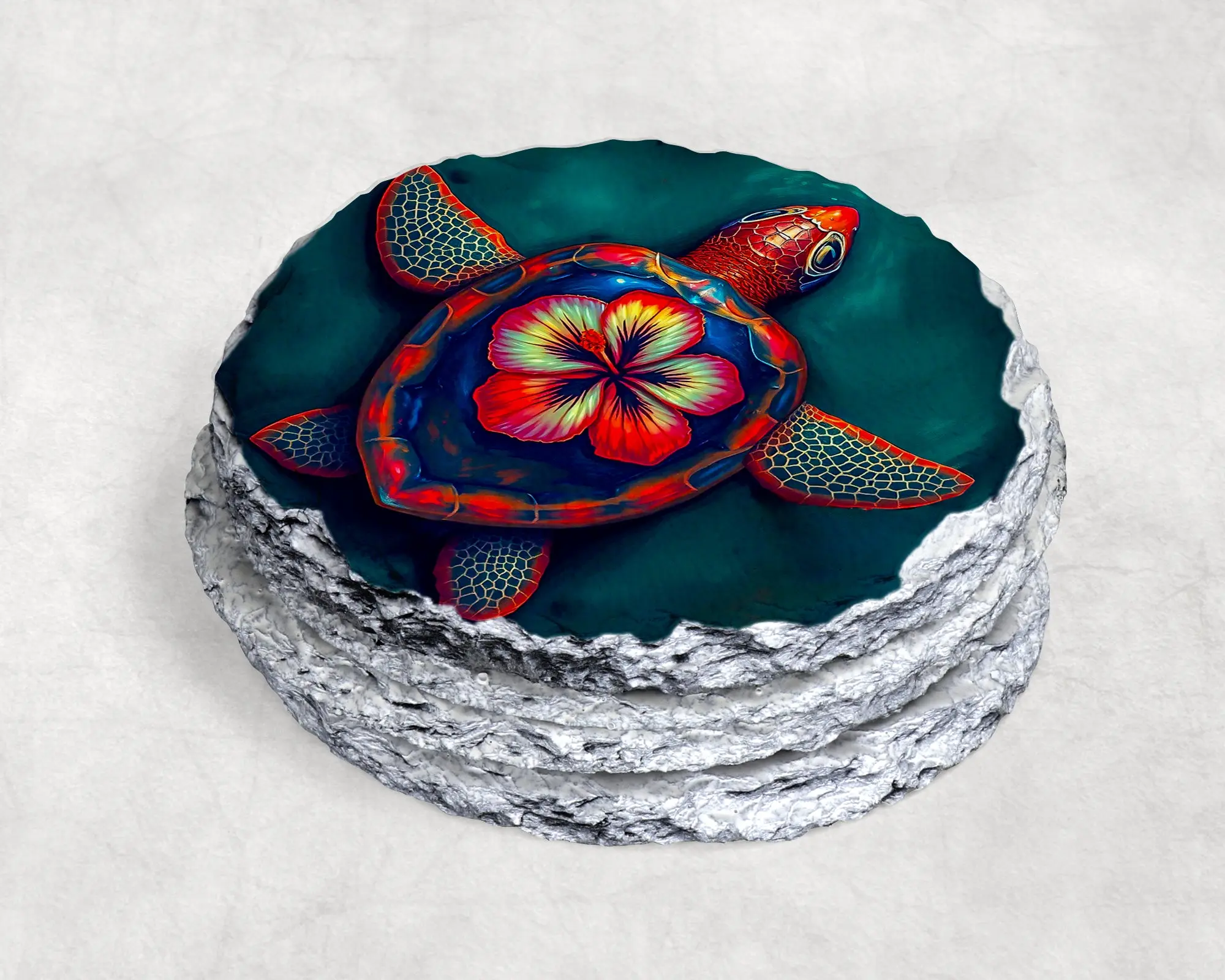 Hibiscus Sea Turtle Coasters – Red Bloom Turtle on Teal | Slate, Bamboo Wood, Glass, Leather & Sandstone | Set of 4