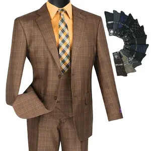 Luxurious Men's 3-Pieces Glen Plaid Suit Chestnut