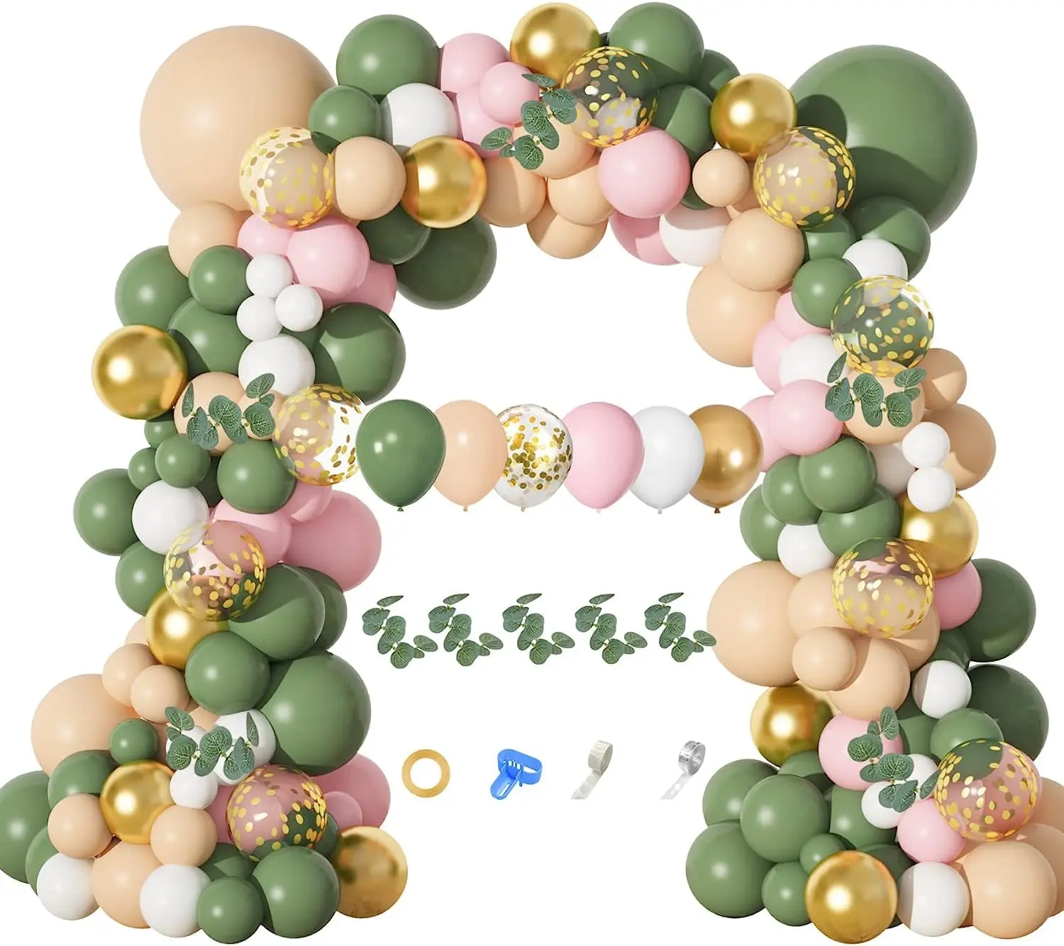 166Pcs Sage Green Balloon Garland Kit - Olive, Peach, Gold, Eucalyptus for Baby Shower, Birthday