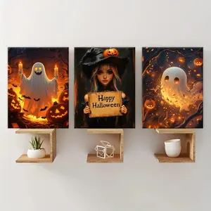 Halloween Themed Canvas Painting with Frame, 3 Counts/set Ghost & Witch Pattern Wall Art, Wall Decor for Home Living Room Bedroom