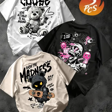 Men's 3-Pack Graffiti Round Neck Short Sleeve T-Shirts, Menswear Set Tops, Casual Graphic Design, Unique Cool Prints, Loose Fit, Casual Street Style, Daily Wear, Streetwear