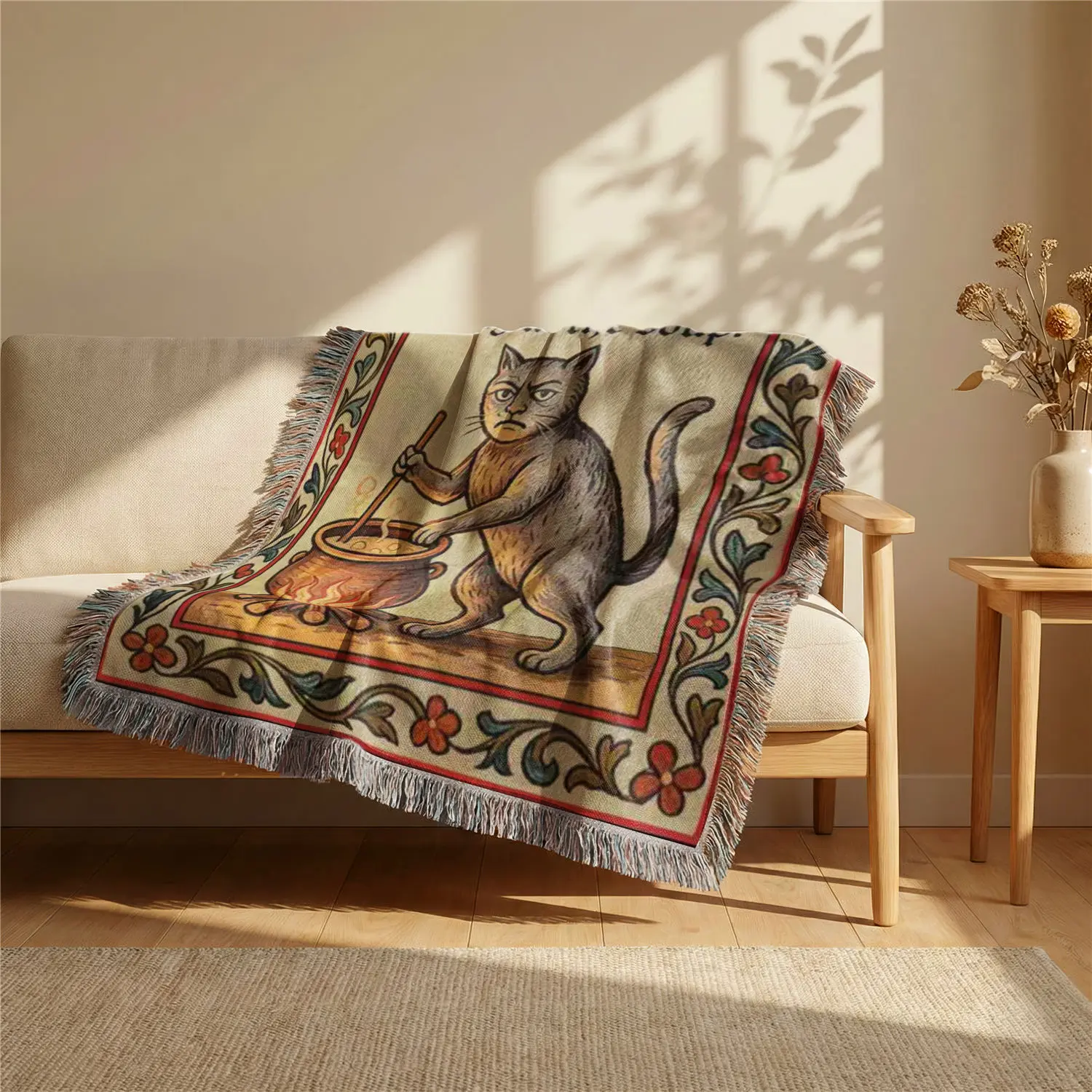 Funny Medieval Cat Tapestry & Multi-Purpose Throw Blanket, Woven Not Printed, 'You're Going in The Soup' Vintage Gothic Cat Witch, Dark Academia Meme Aesthetic Wall Hanging for Bedroom Living Room Bed Sofa Throw Cover Couch Decor Outdoor Picnic