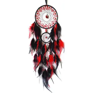 Black and Red Dream Catcher Wall Decor Feather Dream Catchers with Pendant Handmade Dreamcatcher Wall Hanging Ornament for Bedroom Living Room Home Decor