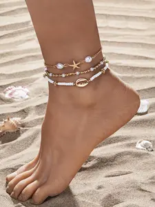 Boho Beaded Beach Party Anklet, Dainty Layered Anklet, Starfish Shell Pendant, Elastic Multi-Layer Foot Jewelry, Perfect for Gifts and Daily Wear