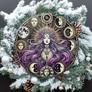 1pc Hecate Witchcraft Themed Metal Wall Art Sign - 7. 87 x 7. 87 Inch Aluminum Mystical Moon Phases & Celestial Design with Pine Branches & Red Berries, Durable Reusable Decor for Home, Kitchen, Bedroom, Garden, Office - Easy to Hang, Witch