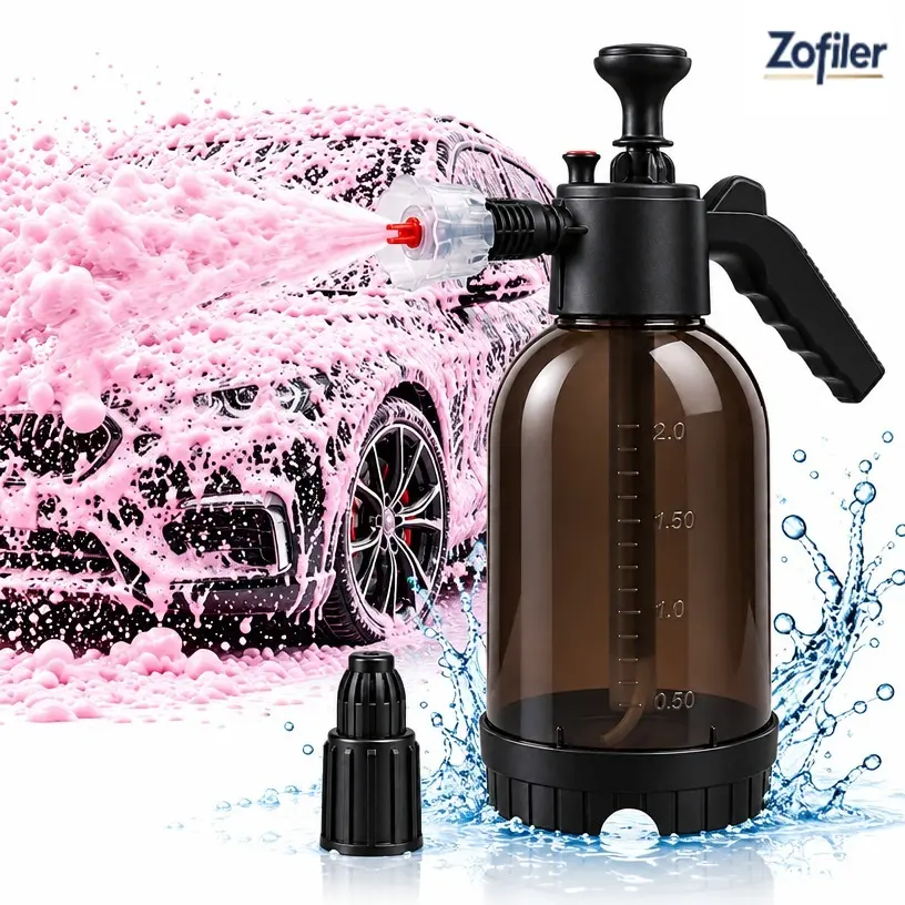 Premium Foam Pump Sprayer for Car Cleaning Kit and Car Detailing Kit, Foaming Spray Bottle with Trigger Lock, Adjustable Nozzle; Clear Canister with Level Indicators; 2L Working Capacity