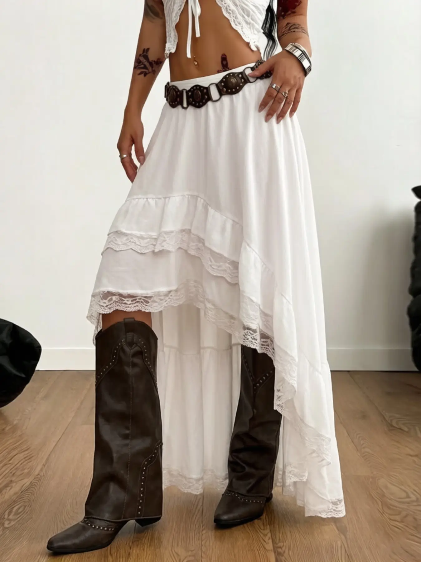 Women's Asymmetrical Lace Skirt, Womenswear, Bottom, Coachella Music Festival Style, Lightweight Breathable, Loose Flowing Design, Fit, Perfect for Outdoor Dancing, Street Fashion Skirt