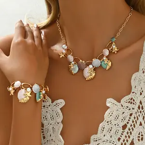 Women's 2-Piece Boho Colorful Enamel Shell Starfish Jewelry Set - Gold-Tone Faux Pearl Charm Necklace & Bracelet for Beach Vacation Daily Wear
