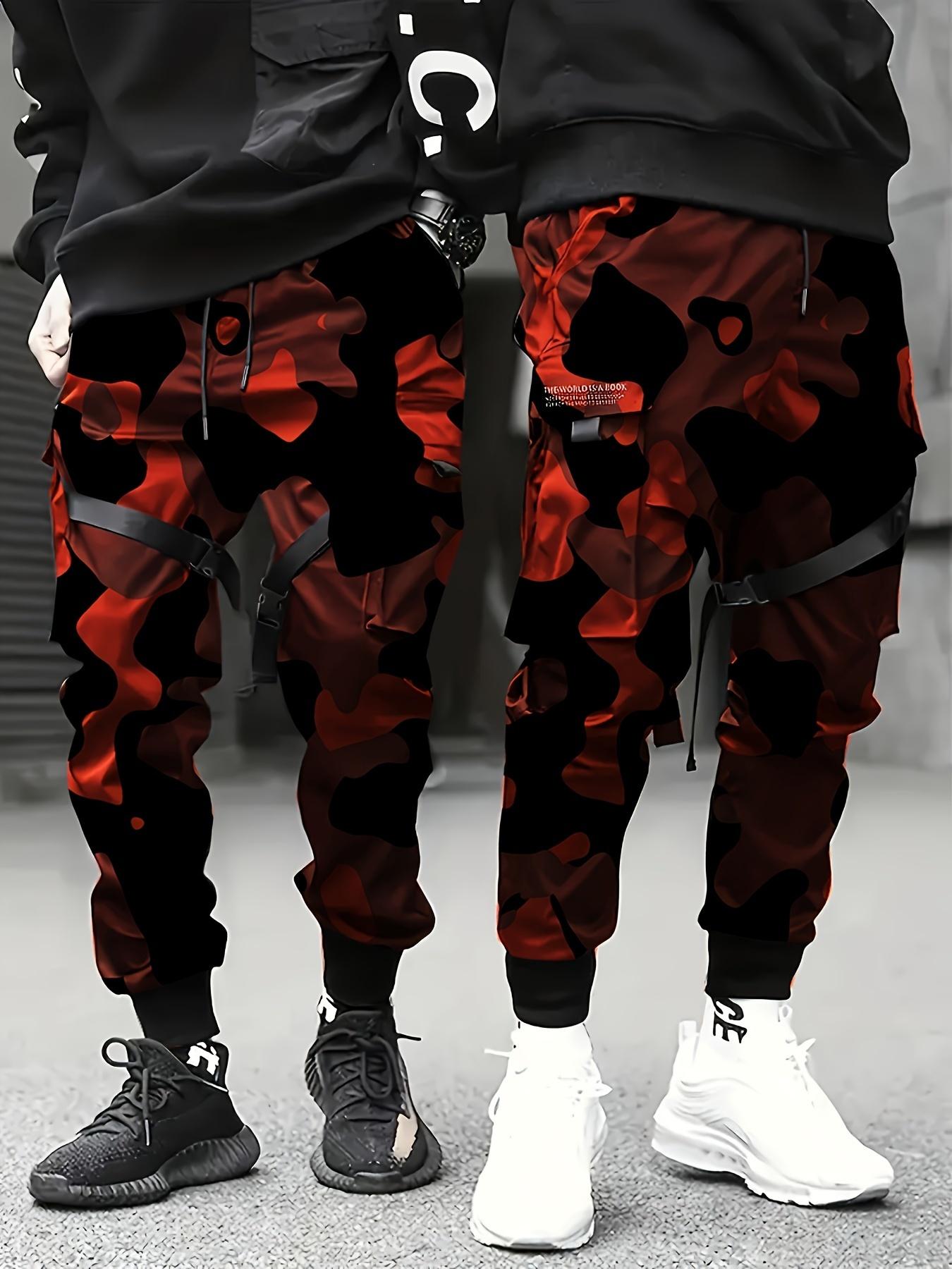 Men’s American high-street camouflage jogger pants featuring ribbon detailing; functional tactical cargo sweatpants with a loose, slimming fit—trendy men’s casual pants, carefully selected for everyday wear.