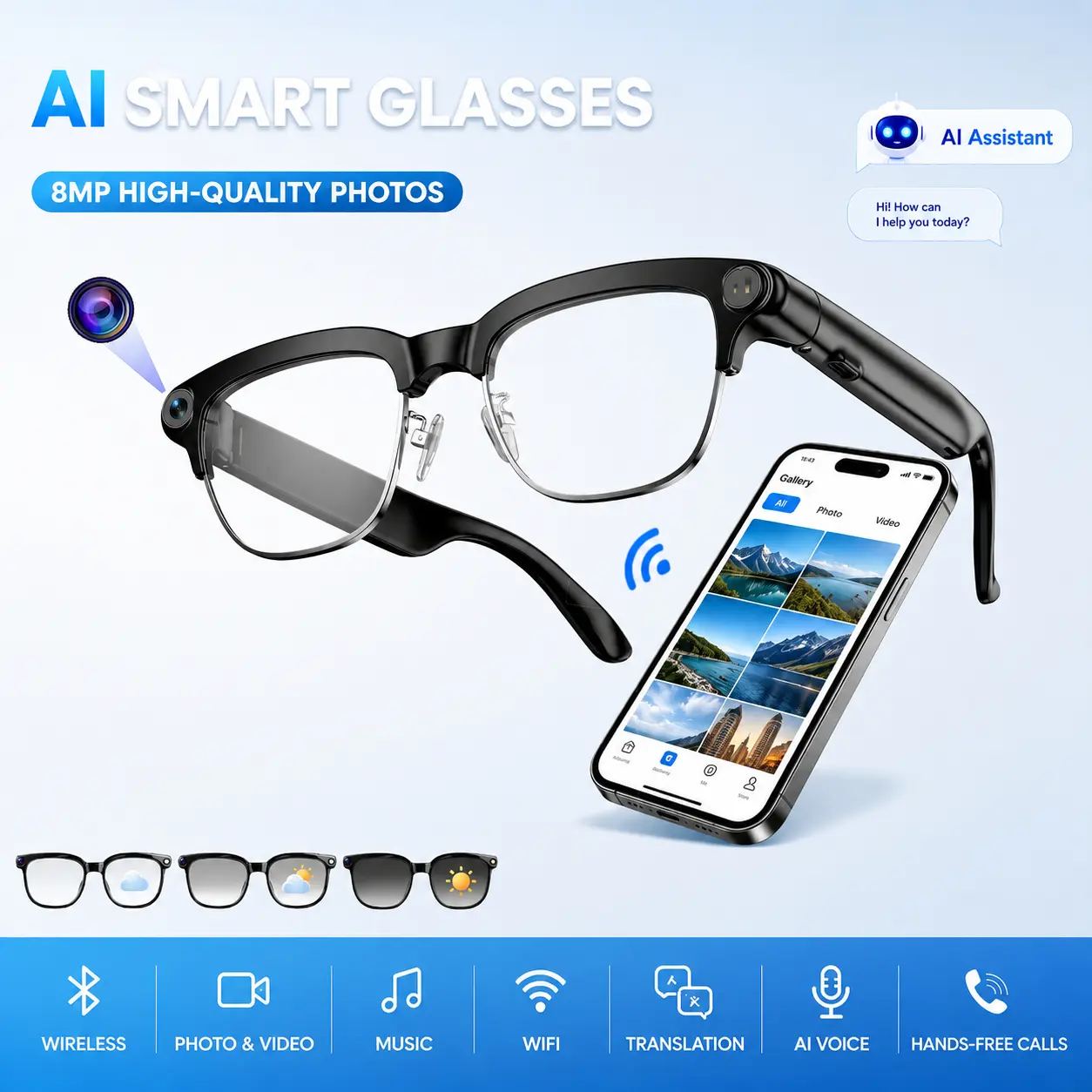 Smart AI Camera Glasses with 8MP Photochromic Lenses ,Button Touch Adjustment for Travel Outdoor Adventures Hands-Free Photography 160+Languages Real-Time Translation Bluetooth Wireless Wearable Video Recording UV Protection