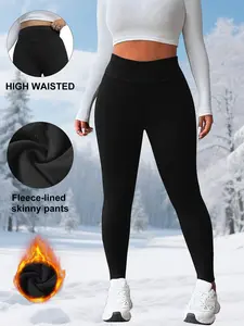 Women's Fleece Lined High Waist Leggings, Solid Color Warm Pants, High Elasticity, Comfortable Daily Wear for Fall & Winter
