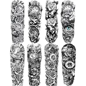 8 Sheets Full Arm Temporary Tattoo Stickers, Peace Dove Floral Clock Ship Anchor Design, Waterproof Realistic Body Art for Men Women