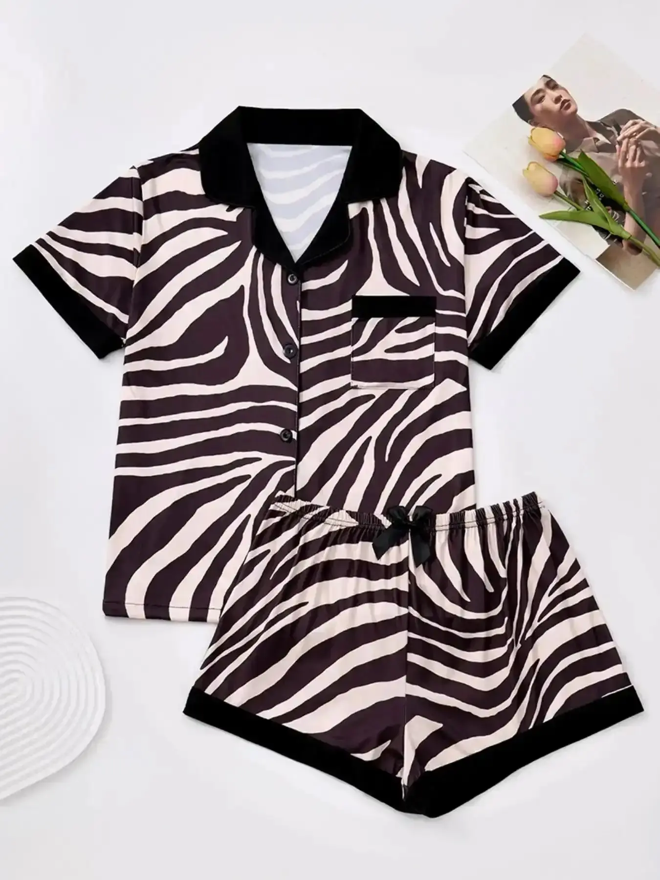 Women's Premium Chocolate Zebra Print Shirt with Pockets & Elastic Waist Shorts Pajama Set, Casual Aesthetic Fitted Comfortable Loungewear Short Sleeve Button Up Top & Sleepwear Pjs, Homewear, Comfy Wear, Homewear, office wear