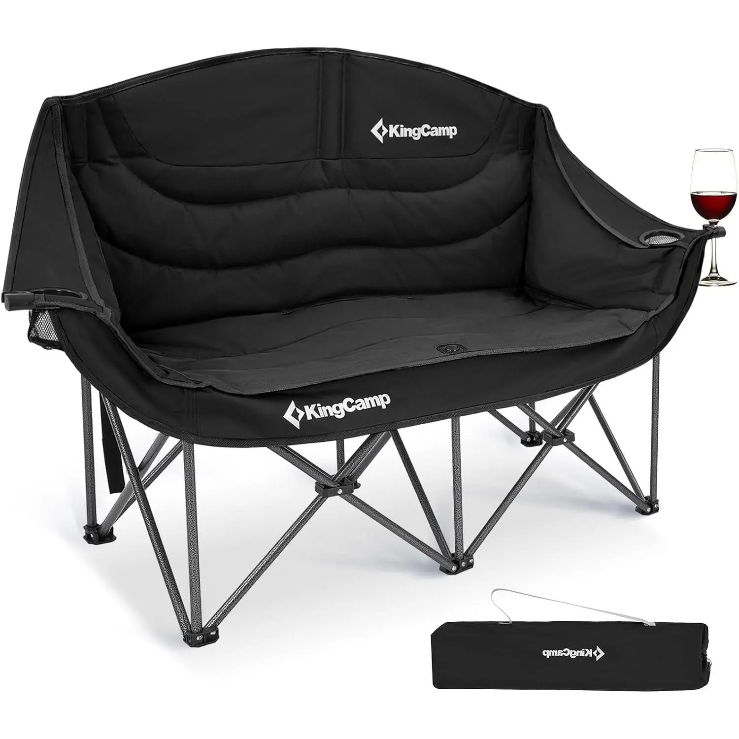 KingCamp Double Camping Chair, Oversized Heavy Duty 550lbs Loveseat for Adults Portable Folding XL 2 Person Couch Padded Comfortable Two Seat with Cup Holder for Outdoor Lawn Backyard, Black bbq party picnic rv travel dual lawn chair umbrella retro blue