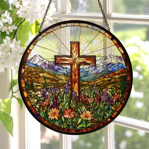Cross and Wildflower Suncatcher, Christian Cross Window Hanging Ornament, Floral Cross Sun Catcher Decor, Easter Day Gift, Home Decor, Spiritual Faith Gift Idea