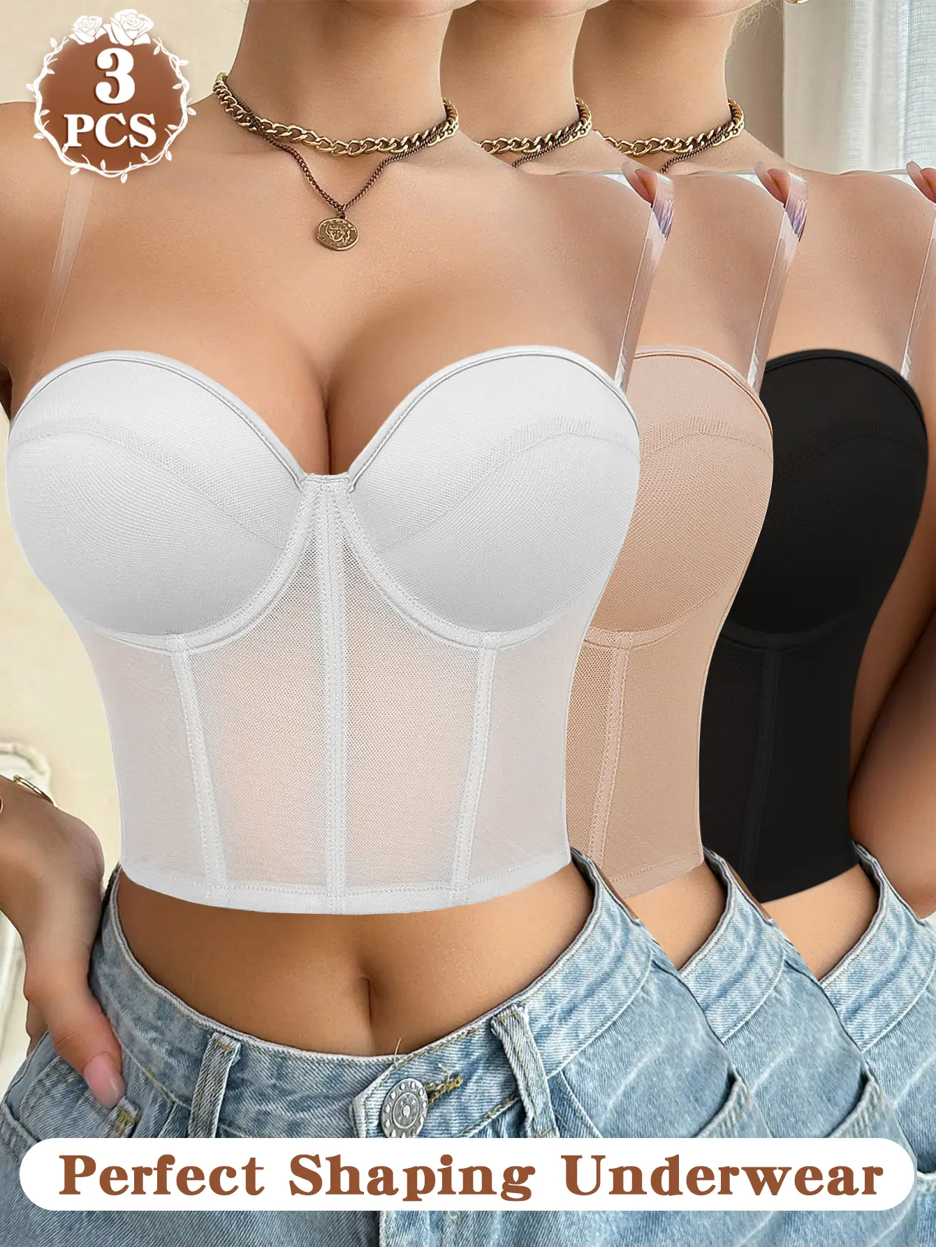 2/3PCS Women's Mesh Underwire Push Up Shaping Bandeau Bra, Wide Side Lift Anti-Sag, Fishbone Support, Detachable Adjustable Straps 2-Way Wear, Breathable Comfortable Skin-Friendly, for Everyday Summer Vacation Outfits, SummerWins, DealsForYouDays