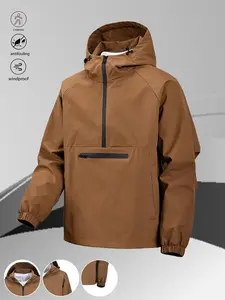 One black half-zip pullover with hoodie, outdoor camping style, large pockets, made of stain-resistant fabric, suitable for outdoor activities like hiking and mountaineering, also perfect for everyday wear.（gift）