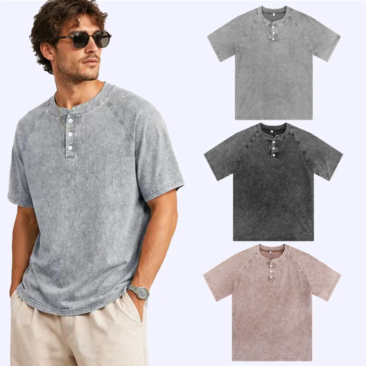 Men's 3-Pack Casual Comfy Shortleeve Henley Shirts, Cotton Acid Wash Fabric Vintage Oversized Summer Apparel Tees