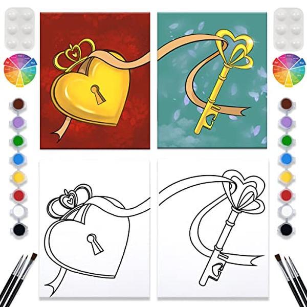 2 Pack Paint and Sip Canvas Painting Kit Pre Drawn Canvas for Painting for adults Stretched Canvas Couples Games Date Night Lock Key Paint Party Anniversary Valentine's Day (8x10)