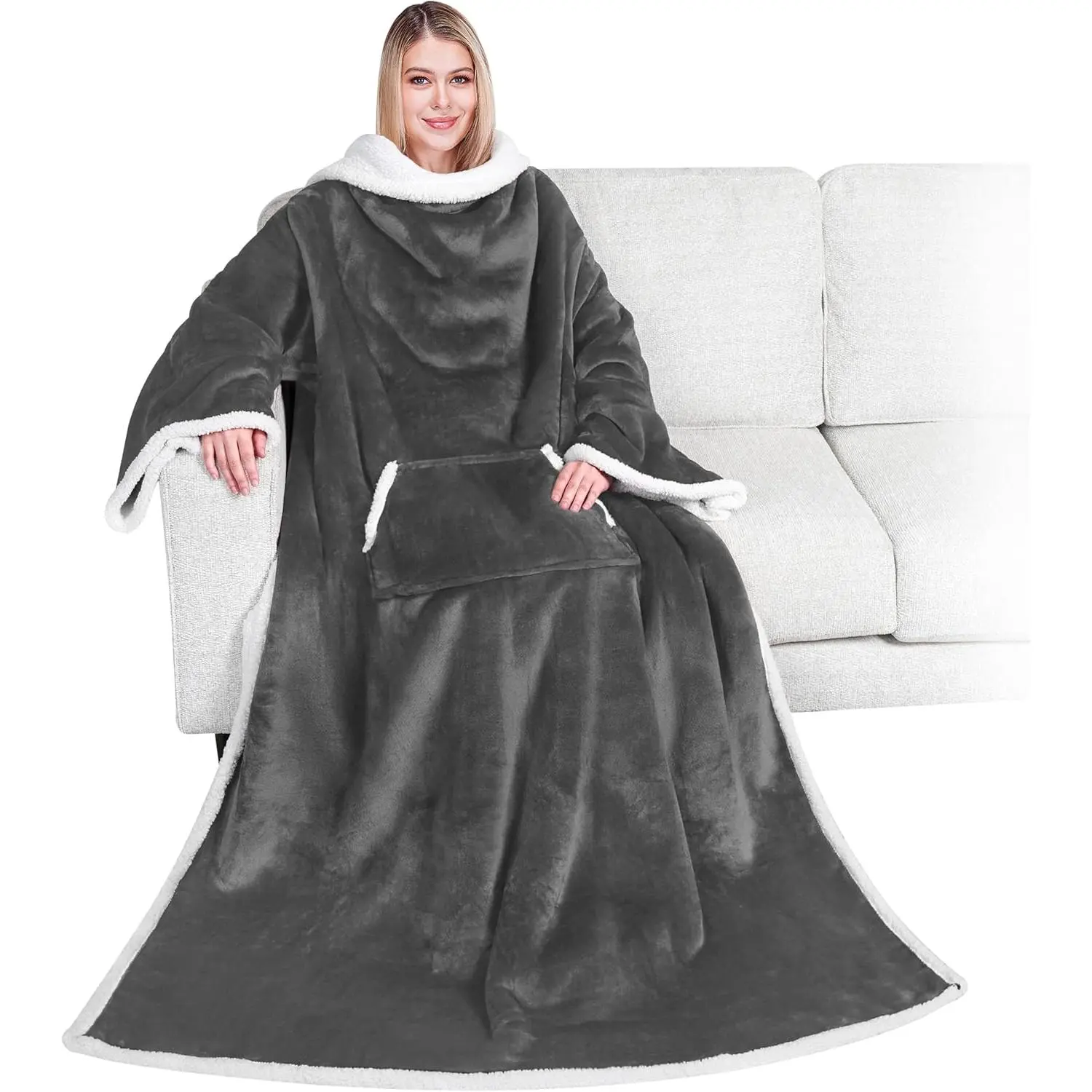 Sherpa Wearable Blanket with Arm Sleeves, Pocket, Adjustable Synthetic Fabric - 70x50 in Plush Thick Comfy and Cozy Blanket Wrap for Adults, Ideal for Wives, Dark Grey