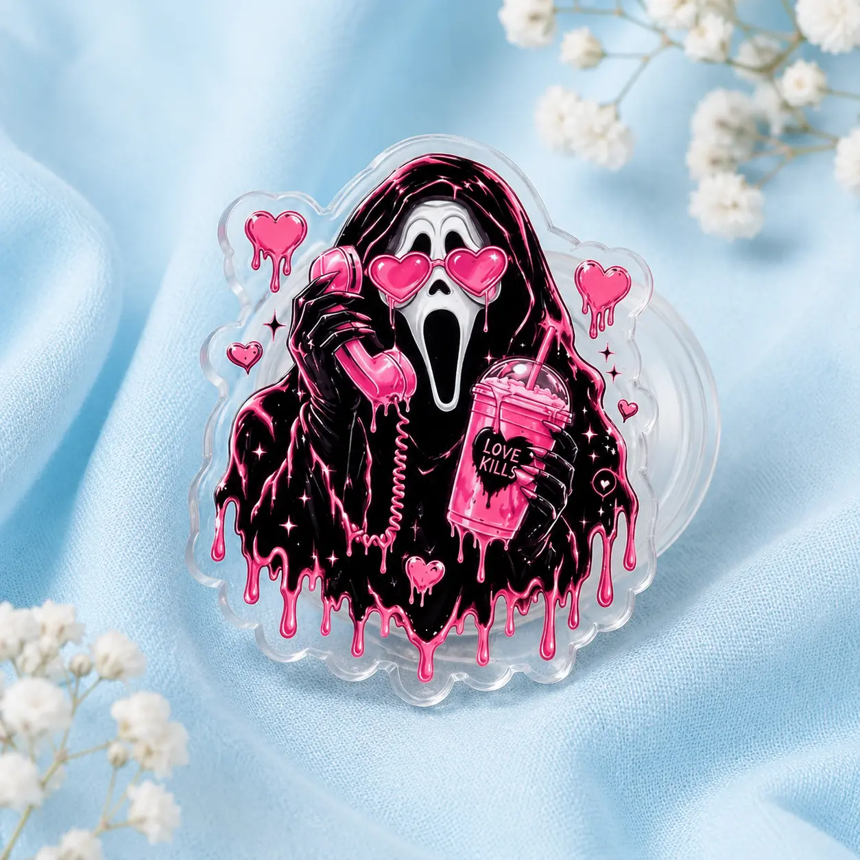 Magnetic Pink Scream Ghostface Phone Grip Tok | Cute Horror Heart Sunglasses Acrylic Phone Stand Holder