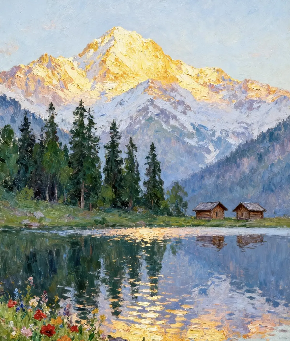 5D Diamond Painting Kit Golden Snow Mountain Lake Reflection Pine Trees Wooden Cabin Wildflower Nature Landscape Crystal Rhinestone Wall Art Decor Gift