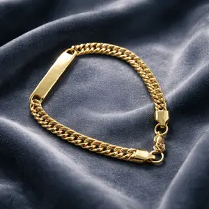 Cuban Link 3mm Name Bracelet - Gold Color Chain with Engraved Plate for Personalization