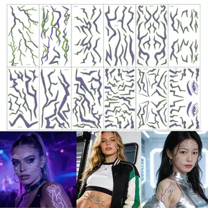 Temporary Tattoos Kit, Glow In The Dark 12 Sheets Demon Cosplay Fake Tattoo Stickers Purple Lightning Patterns Kpop Face Tattoos Neon for Rave Costume Accessories