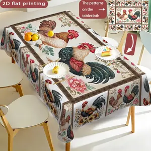 Vintage Rooster Floral Print Tablecloth, Polyester, Suitable for Kitchen Dining, Outdoor Activities, Picnic, Garden Party