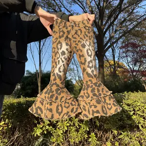Girl Bell Bottom Jeans Leopard Bleached girl denim pant toddler jeans party wear adjustable waist