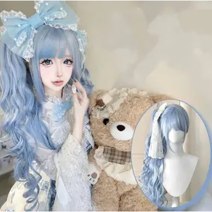 Retro Dreamy Sweet Lolita Ice Blue Double Ponytail Daily Tiger Clip Long Curly Hair Cosplay Wig