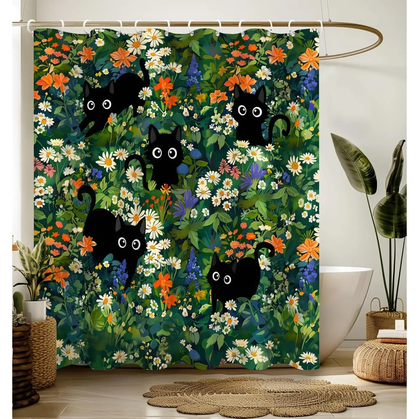Shower Curtain for Bathroom, Stall Boho Modern Cute Aesthetic Decorative, Waterproof Unique Cats Flowers Print Design Shower Curtain