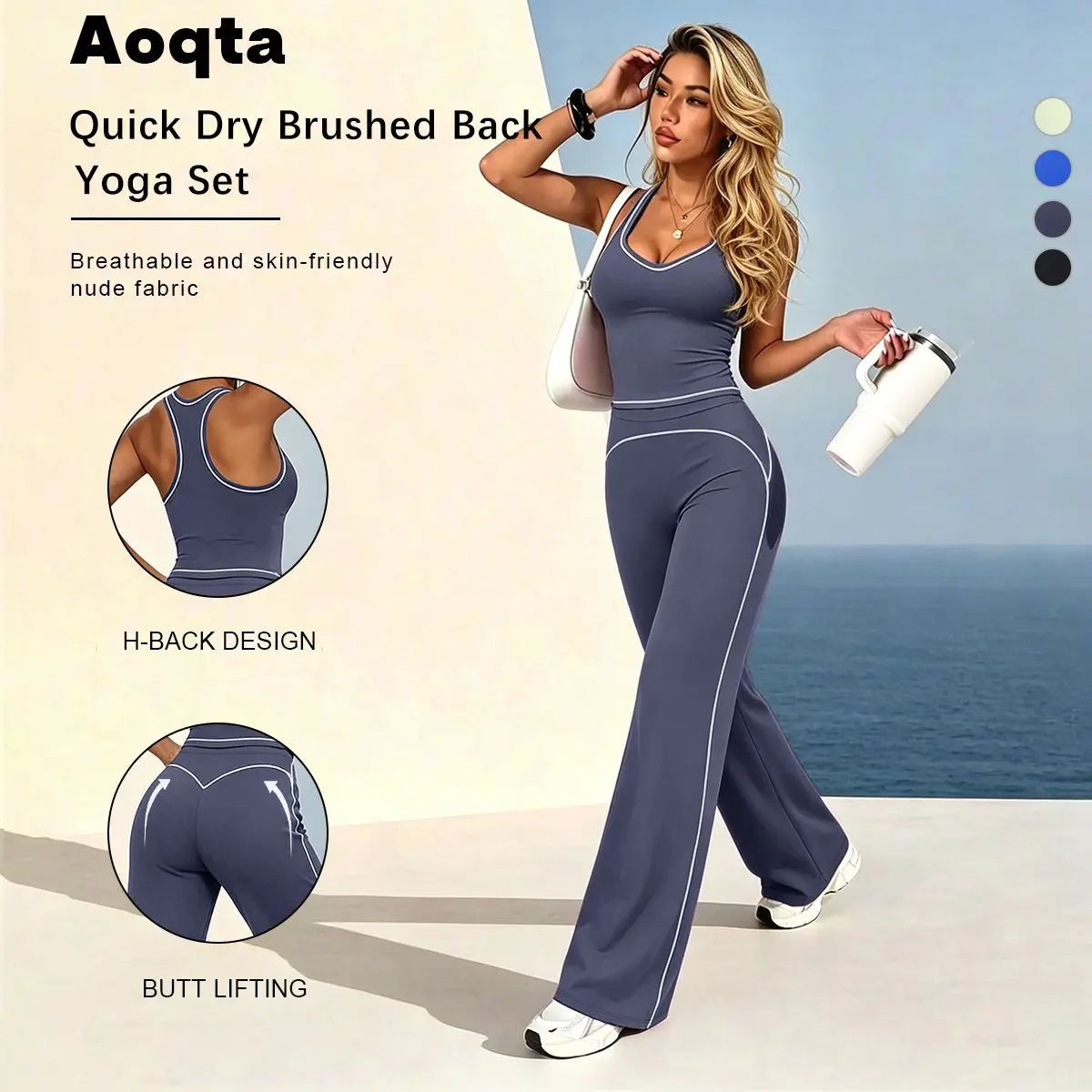 Women's Aoqta 2-Piece Knitted Sport Casual Set - Sleeveless V-Neck Backless I-Shaped Contrast Trim Tank Top, High Waist Tummy Control Butt Lifting Solid Slim Flare Pants for Yoga, Gym, Daily Wear