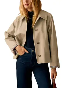 Women's Plaid Lining Short Trench Coat, Lightweight Button Down Jacket With Pockets, Casual Preppy Workwear For Spring Summer