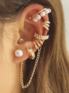 8pcs Faux Pearl Dangle Ear Cuffs Set, Punk Style Earrings, Clip On Earrings, Punk Style No Piercing Required, Versatile Accessory for All Seasons, Perfect for Daily Wear, Party Wear & Parties, Fashionable Jewelry Accessories, Trendy Jewelry