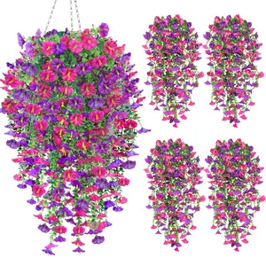 4 PCS Artificial Hanging Morning Glory Purple Flowers, Fake Hanging Plants with Vivid & Long-Lasting Color, Realistic Silk Petunias Eucalyptus Spring Summer Decoration Indoor & Outdoor Decor for Garden, Window Sill SummerVibes