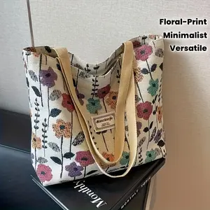 Women'S Large Capacity Tote Bag with Floral Print - Minimalist & Multicolor - Durable Handbag with Zipper, Sturdy Construction, Versatile Accessory, Travel, Spacious Work, Everyday Use - Ideal Gift for Women